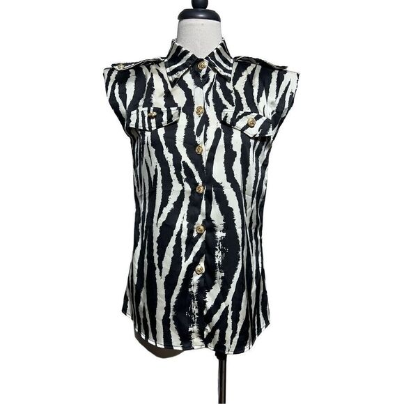 Zebra Print Silky Sleeveless Button Down Blouse Size Small - Picture 1 of 4